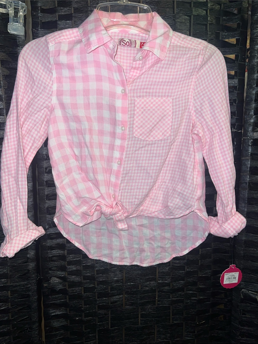 SO Pink Gingham Button-Down Shirt with Front Tie 7/8 new!